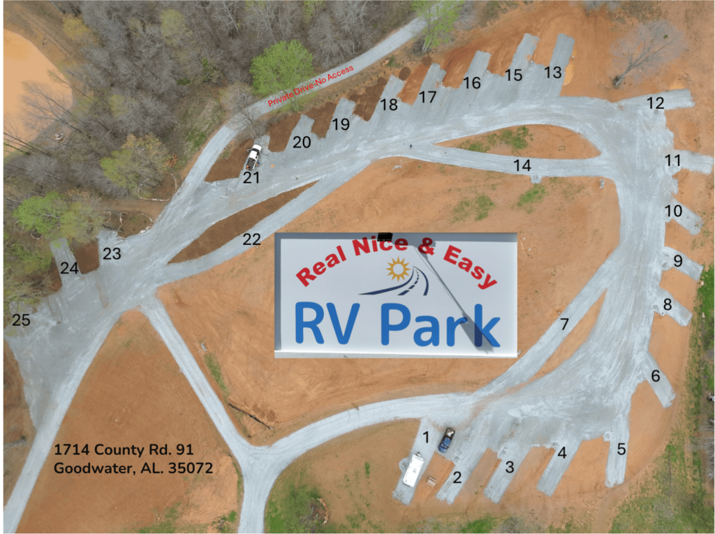 Aerial view of an RV park layout with numbered parking sites, curved gravel roads, labeled "Real Nice & Easy RV Park," and located at 1714 County Rd. 91, Goodwater, AL 35072. Trees border the park on one side.